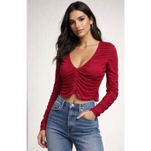 NWT Zara Ruched Hot Pink Fitted Cropped Ruched Long Sleeve Blouse Top Size Large